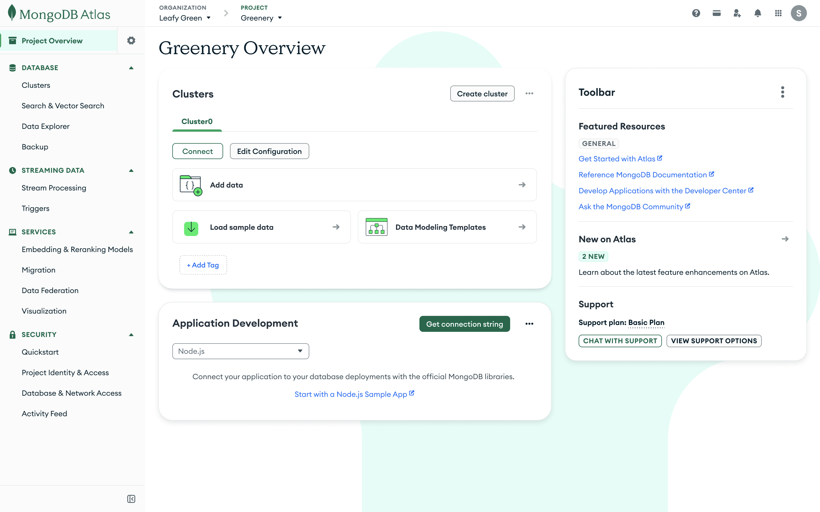 Screenshot of the newly redesigned homepage at the project level in MongoDB Atlas